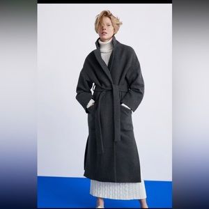 Gray belted coat by Zara. MANTECO 68% WOOL LONG BELTED DOUBLE-BREASTED WRAP COAT